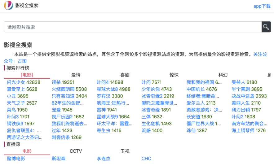 影视全搜索-提供全网m3u8影视资源检索-直播源整理等